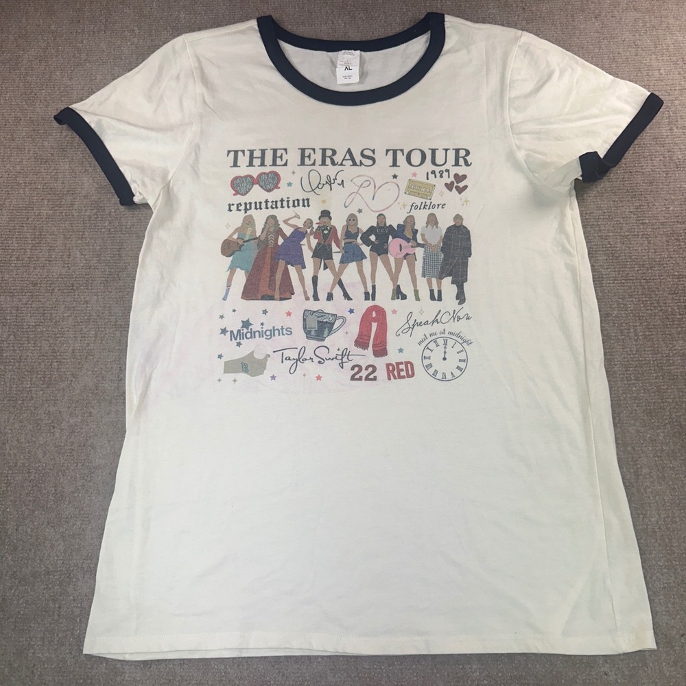 Taylor‎ Swift The Eras Tour Ringer T-Shirt Cream Navy XL Graphic Concert Tee